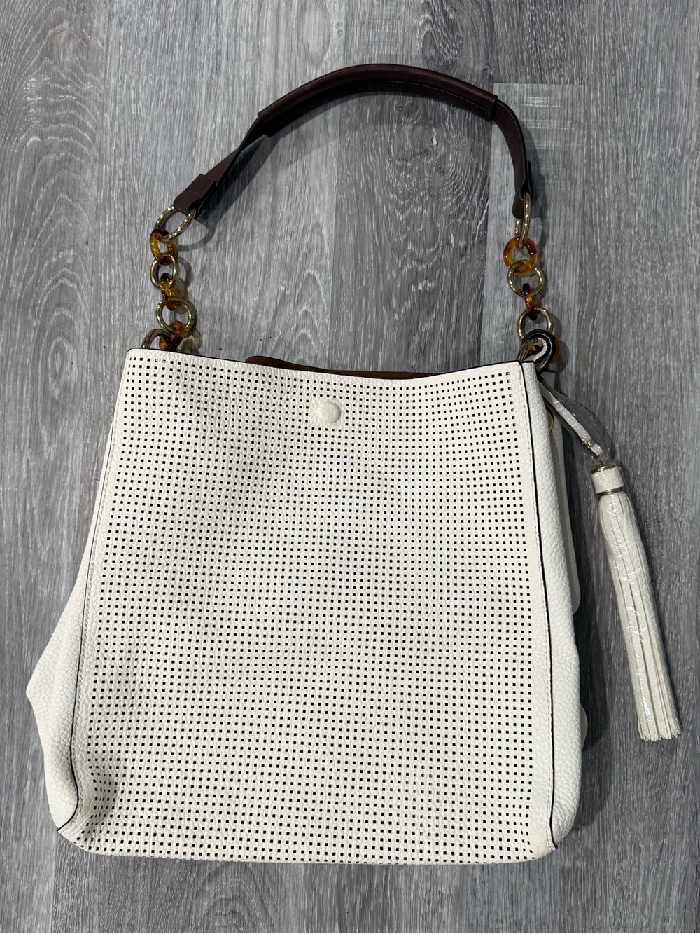 Large Ivory Perforated Hobo Shoulder Bag, Tortoiseshell Strap, Tassel Charm NWOT
